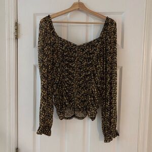 Black and Yellow Floral Smocked Long Sleeve Blouse